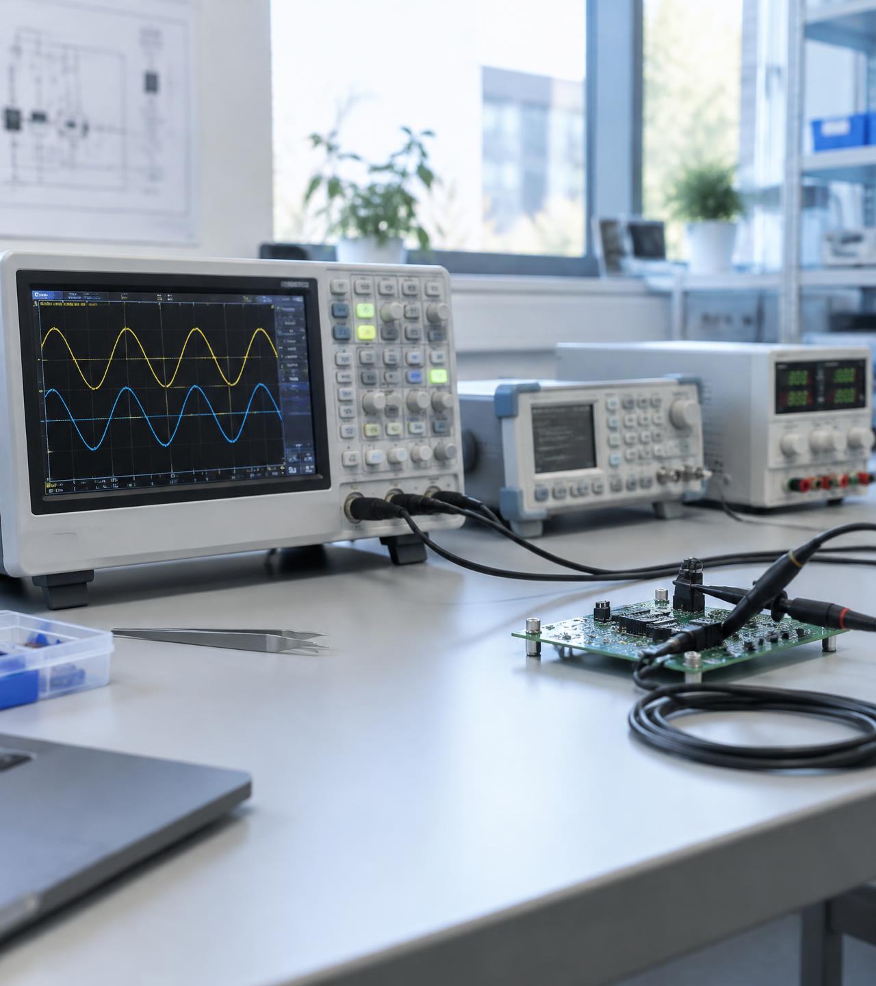 Electronics laboratory workbench with an oscilloscope showing a measurement signal, function generator, power supply and a probed circuit board